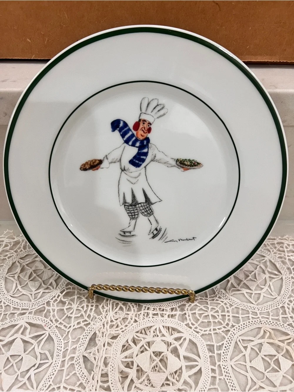 Skating Chefs by Guy Buffet with blue scarf Set of 2